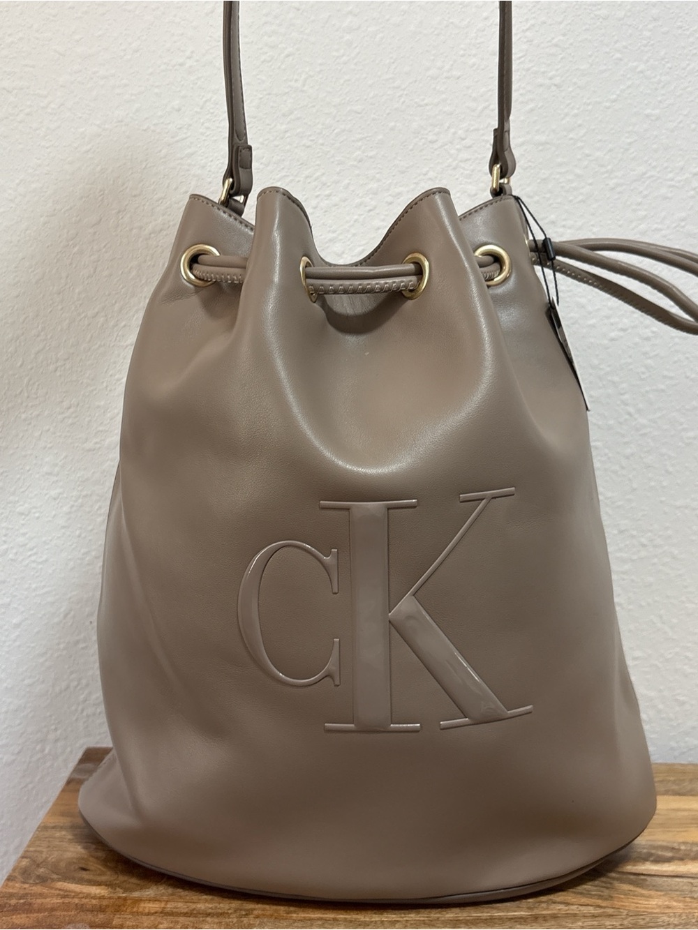Calvin Klein Taupe Drawstring Large Bucket Shoulder Bag NWT